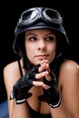 Girl with US Army-style motorcycle helmet Royalty Free Stock Photo