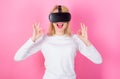 Girl use modern technology vr headset. Interact alternative reality. Digital device benefits. Woman head mounted display