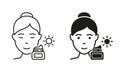 Girl Use Sunscreen, Sun Block Cream Line and Silhouette Black Icon Set. Day Cream for Woman Skin Pictogram. Protection