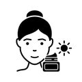 Girl Use Sunscreen, Sun Block Cream Silhouette Icon. Woman and Moisturizing Day Cream for Skin Black Icon. Protection