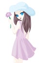 Girl used blue hat summer, pink dress and hold on the pink flower in her left hand Royalty Free Stock Photo