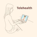 Girl uses distance medicine laptop, telehealth.