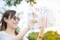 Girl using advance technology of computer hologram air screen display