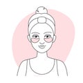 Girl using eye patches in makeup removing procedure line icon