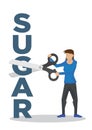 Girl using a giant scissor to cut a Sugar block. Concept of weight loss