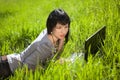 Girl using laptop outdoors Royalty Free Stock Photo