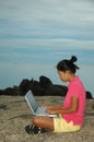 Girl Using Notebook Outside on Rocks