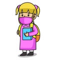 Girl using pink dress after school ,holding a book.using mask and healthy protocol.Character illustration