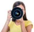 Girl using a professional camera isolated on white Royalty Free Stock Photo