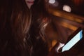 Girl using smart phone at night Royalty Free Stock Photo