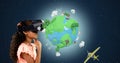 Girl using virtual reality headset with digitally generated travel icons 4k