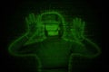Girl using vr headset is in virtual reality cyberspace futuristic neon green background with matrix binary code.