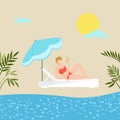 Girl on vacation holiday sea beach, tropical palms and sand, young woman sunbathes on seaside beach flat vector