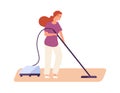 Girl vacuuming. Cute woman doing housework. Flat housewife with vacuum. Isolated female or cleaning worker vector Royalty Free Stock Photo