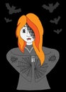 Girl vampire in clothes with a spider web and bat on the black