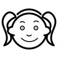 Girl vector icon. Black and white funny little girl face illustration. Outline linear icon of kid.