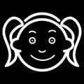 Girl vector icon. Black and white funny little girl face illustration. Outline linear icon of kid.