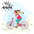 Girl in vest and warmed headphones on a bicycle rides through the snowdrifts. Sketch, hand drawn illustration. Hand made lettering