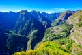 Girl at Viewpoint Eira do Serrado looking to Curral das Freiras village in the Nuns Valley in beautiful mountain scenery, Royalty Free Stock Photo