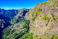 Girl at Viewpoint Eira do Serrado looking to Curral das Freiras village in the Nuns Valley in beautiful mountain scenery, Royalty Free Stock Photo