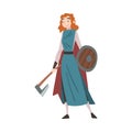 Girl Viking with Battle Axe and Shield, Medieval Female Warrior, Scandinavian Mythology Character in Traditional Dress
