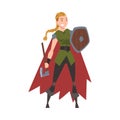 Girl Viking, Female Scandinavian Warrior Character with Axe and Shield Vector Illustration Royalty Free Stock Photo