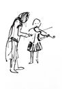 girl violinist and violin teacher playing the violin. hand painted black ink