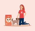 Girl volunteer with dog and food donation Royalty Free Stock Photo