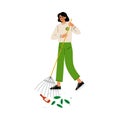 Girl Volunteer Gathering Garbage and Leaves on Street Using Rake, Volunteering, Ecological Lifestyle Vector Illustration