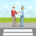 Girl Volunteer Helping Blind Elderly Man to Cross the Road, Volunteering, Charity, Supporting People Concept Vector Royalty Free Stock Photo