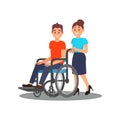 Girl volunteer helping guy with physical disabilities. Young man in wheelchair and cheerful social worker. Flat vector Royalty Free Stock Photo