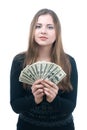 Girl with wad of money in her hands Royalty Free Stock Photo