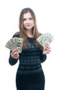 Girl with wad of money in her hands Royalty Free Stock Photo