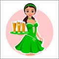 Beautiful girl waitress with the glasses of beer in a green dress on irish St. Patrick`s day on blue background cool illus