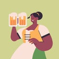 Girl waitress holding beer mugs Oktoberfest party celebration concept Royalty Free Stock Photo