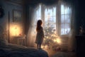 Girl wakes up early for a dreamy winter Christmas morning. Tree and presents lit with candle glow in a child\'s bedroom.