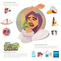 Girl waking up with bad breath in the morning. infographaphic elements with typographic -
