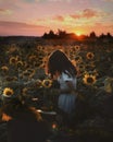 Girl walk in the garden with sunflowers. Woman look around in the field with sunset.