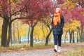 Girl walk on pathway in city park with red trees, fall season Royalty Free Stock Photo