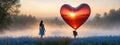 The girl walked in the Don't Forget Me flower field, looking at the heart-shaped balloon ahead