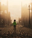 Girl walking alone in abandoned city