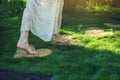 Girl walking barefoot on the stones in heart shape Royalty Free Stock Photo