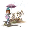 Girl walking with a bunny under an umbrella. Cartoon style Royalty Free Stock Photo