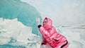 Girl walking on cracked ice of a frozen lake Baikal. Woman trave