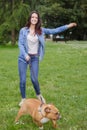 Girl walking dog in park Royalty Free Stock Photo