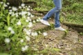 Girl is walking down the old steps overgrown with moss and grass Royalty Free Stock Photo