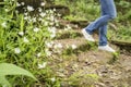 Girl is walking down the old steps overgrown with moss and grass Royalty Free Stock Photo