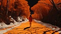 Girl Walking Down An Orange Road: Hyperrealistic Illustration With Bold Chromaticity