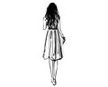 Girl walking in the dress. View from behind. Fashion sketch