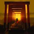 Girl walking through famous tunnel lines of orange Torii column against sunset Royalty Free Stock Photo